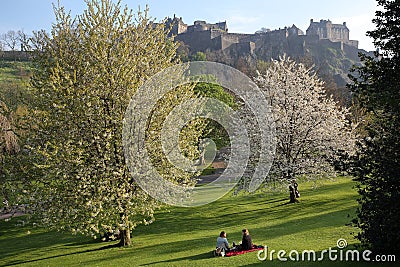 EDINBURGH, SCOTLAND â€“ MAY 8, 2016Â : View of Edinburgh Castle and Princes Street Gardens with spring colors Editorial Stock Photo